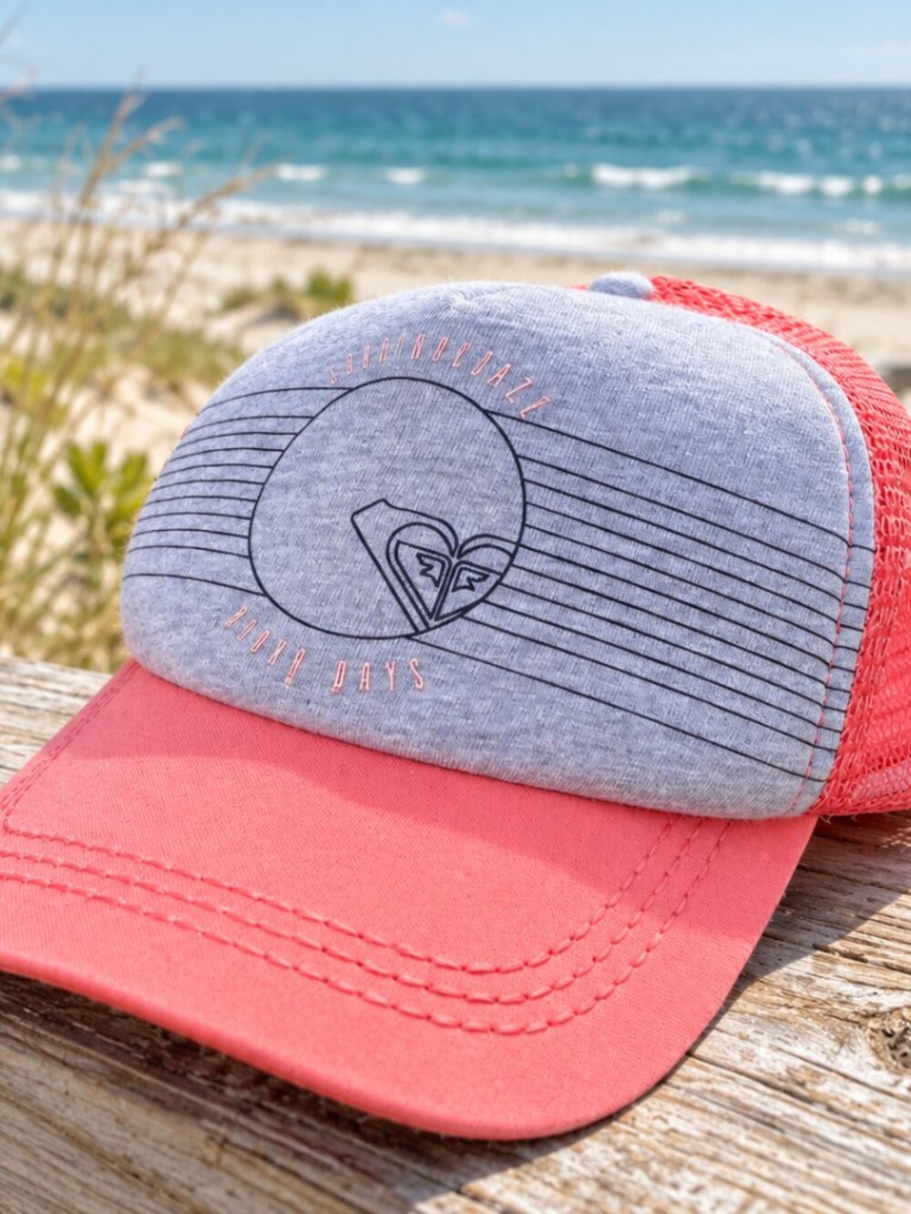 Roxy Sunny Daze Trucker Hat Coral Pink Grey Mesh Snapback Cap